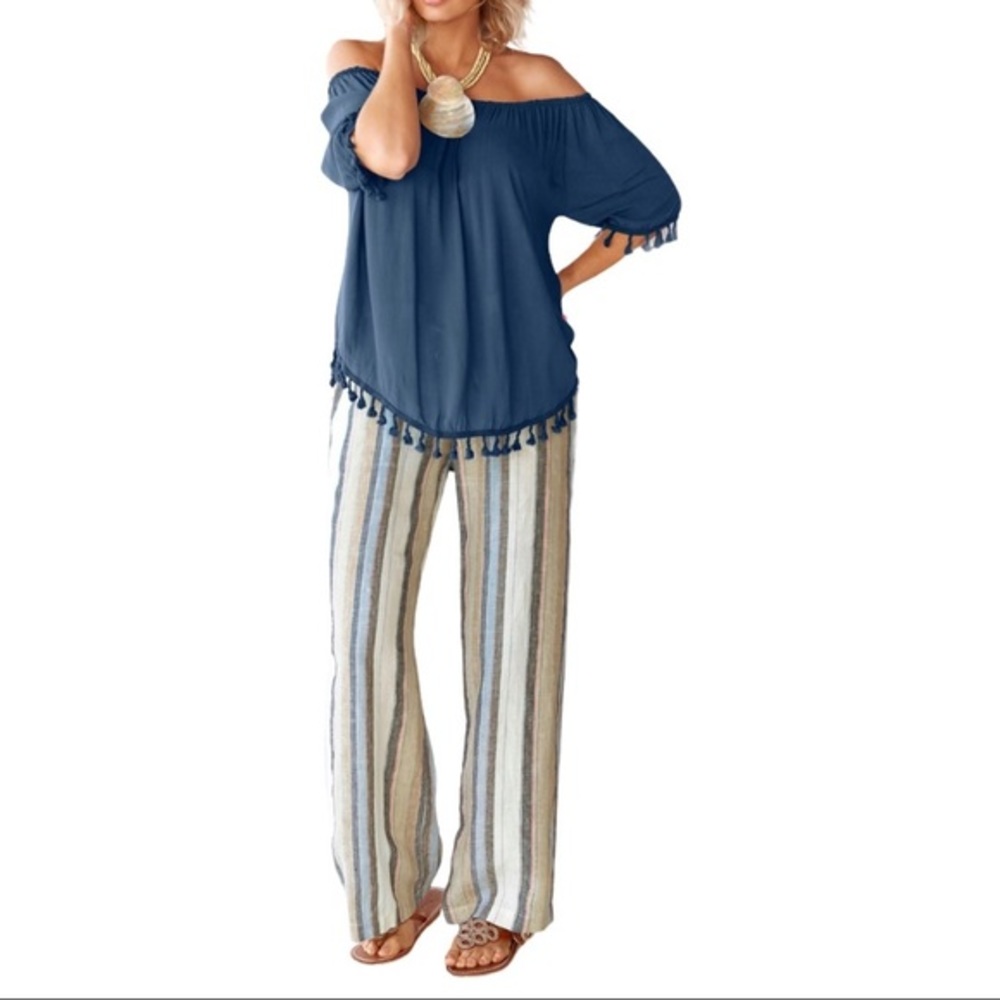 MADRAG Striped Linen Blend Pants Pull on Flat Front Elastic Waist Sz Medium NWT